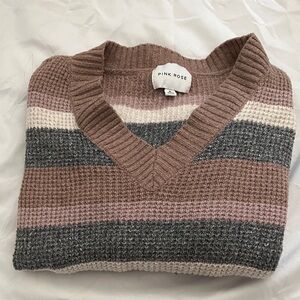 Pink Rose V-Neck Sweater - Brown, Pink, Gray